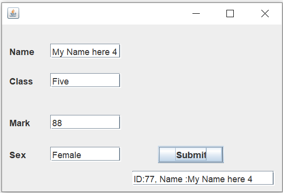 Swing JFrame showing inserted id and name