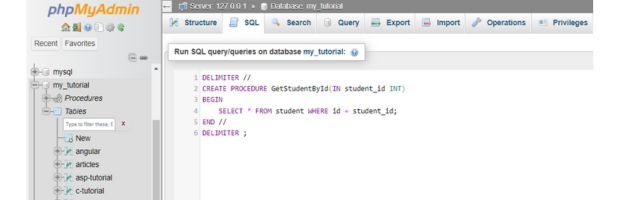 Creating stored procedure in PhpMyAdmin