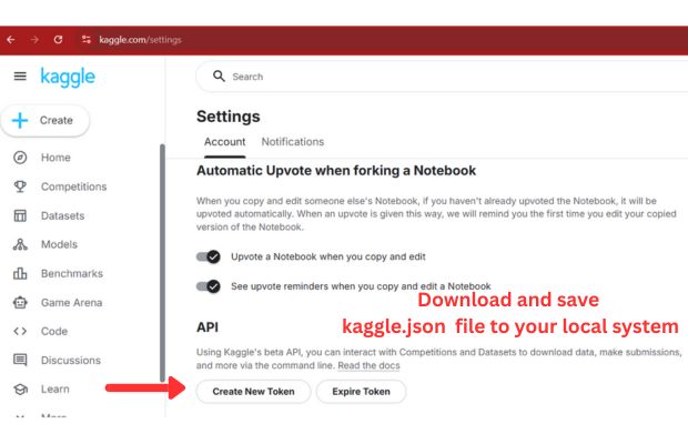 Creating new token to download kaggle.json file