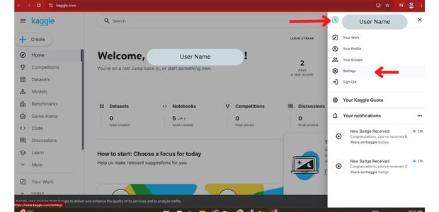 Settings link inside Kaggle account