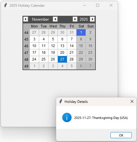 Calendar showing holiday list from SQLite database