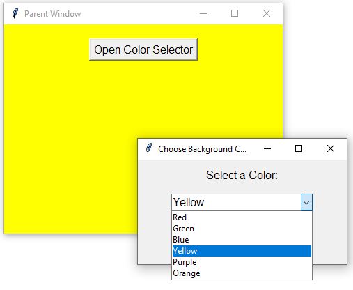 Updating background color of Parent winddow based on selection from Child window 